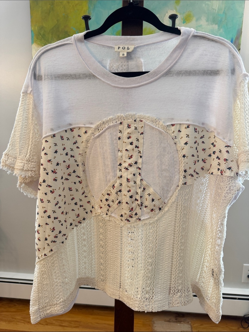 POL Cream Mixed-Knit Short Sleeve Tee with Floral Peace Patch